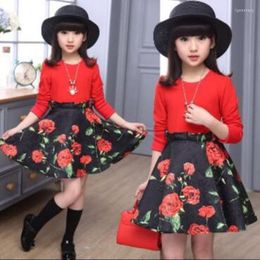 Vestidos de menina primavera /outono de manga longa vermelha para meninas tamanho 120-160 vestido adolescente de 10 anos de 12 anos
