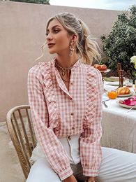 Women's Blouses 2023 Holiday Plaid Summer Blouse Shirt Light Pink Idyllic Style Ruffle Female Shirts Stand Collar Long Sleeve Women's T