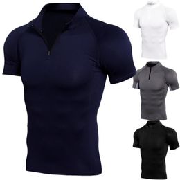 Men's T Shirts Zipper Fitness Short Sleeve Training Running Elasticity T-shirt Sports Fast-drying Clothes Tight Leisure Sleeves