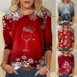 Women's Blouses Womens Daily Christmas Print O Neck Tops Three Quarter Sleeve Round Tee Shirt Printed Flower Loose Side Split Blouse Tunic
