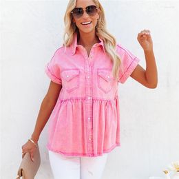 Women's Blouses Ruffled Denim Shirts Casual Short Sleeve Solid Loose Shirt 2023 Summer Trendy Bright Line Button Single Breasted Women Top