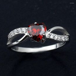 Cluster Rings Women's Heart Shape Simulated Red Garnet 925 Sterling Silver Ring Crystals Decorated Jewellery Gift R623