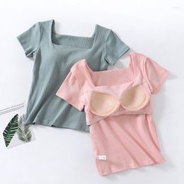 Active Shirts Fashion One Piece Casual Women's Short Sleeve Ribbed T-shirt Square Neck Crop Top With Built In Bra