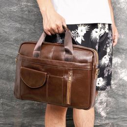 Briefcases Men Original Leather Antique Fashion Business Briefcase 15.6" Laptop Case Attache Portfolio Bag One Shoulder Messenger 1116