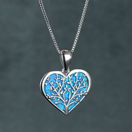 Fashion Tree of Life Pendant Necklace Silver Colour Wedding Necklace Boho White Blue Imitation Opal Necklaces For Women Jewellery