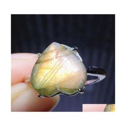 Cluster Rings Genuine Natural Labradorite Yellow Light Adjustable Ring Heart Love 12X11Mm 925 Sterling Sier Rare Women Men Drop Deli Dh8Bc