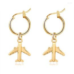 Hoop Earrings 1 Pair European Trend Aeroplane Small Plane Pendant Gold Colour Cute Aircraft As Party Jewellery E533-T2