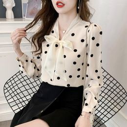 Women's Blouses Elegant Fashion Polka Dot Shirt Women's 2023 Korean OL Tops Slim Bowknot Ribbon Long Sleeve Chiffon Blouse