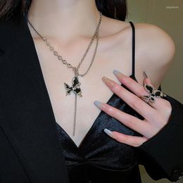 Necklace Earrings Set Trend Irregular Black Butterfly Pendant Jewellery For Women Punk Knuckle Index Finger Ring Sweater Neck Accessories