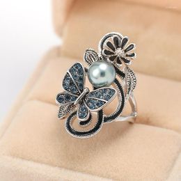 Wedding Rings Vintage Silver Color Butterfly Flowers Pearl For Women Blue CZ Stone Inlay Fashion Jewelry Party Gift Ring