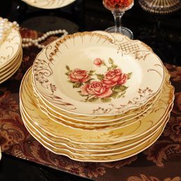 Plates European Style Ceramic Tableware Gold-plated Edge Household Painted Gold Plate Vegetable Dessert Fruit