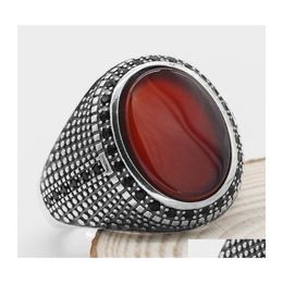 Cluster Rings Oval Red Agate Ring For Men Women 925 Sterling Sier Natural Flat Stone Black Cz Punk Turkish Jewelry Gift To Male Drop Dhfdk