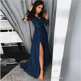Sexy High Slit Long Sleeve Navy Blue Prom Dresses Evening Party Gown Deep V Neck Lace Appliqued A Line Formal Women Dresses BC10075