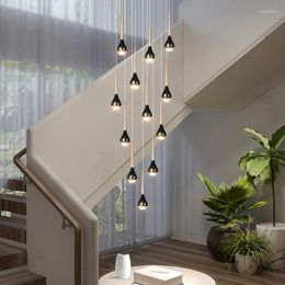 Pendant Lamps LED Black Gold Staircase Chandelier Modern Designer Living Room Lights Duplex Hall Creative Long Line Villa