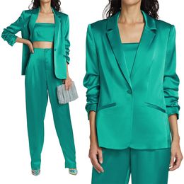 Spring Soft Satin Green Women Pants Suits For Wedding Mother of the Bride Suit Evening Party Blazer Guest Wear 3 Pieces