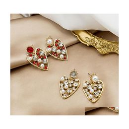 Stud Fashion Jewellery Asymmetry S925 Sier Post Heart Earrings Faux Pearl Rhinstone Peach Drop Delivery Dh2Ba