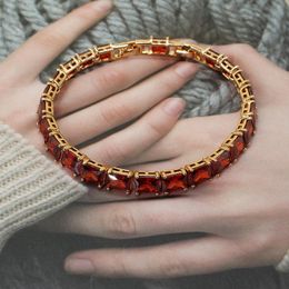 Charm Bracelets Luxury Red Fashion Crystal Link Chain Square Bracelet For Women Girls Rose Gold Colour Ruby Stone Bangles Jewellery Gift