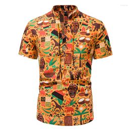 Men's Casual Shirts Mens Hawaiian Floral Print Shirt Short Sleeve Lace Up Cotton Linen Pullover T-Shirt Men Summer Beach Aloha Chemise Homme