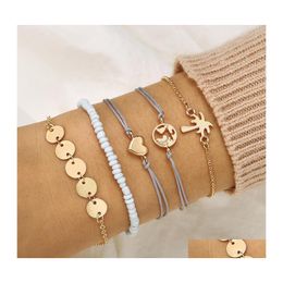 Other Bracelets Fashion Jewellery Heart Mtilayer Bracelet Gold World Map Coconut Tree Coin 5Pcs/Set Drop Delivery Dhmtc