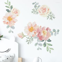 Wall Stickers Hand Paint Watercolour Flowers Peony Rose Green Leaves Decals For Living Room Children Bedroom Christmas Decor