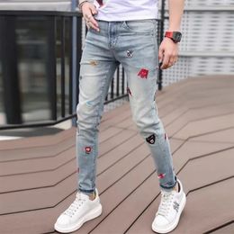 Slim Fit Blue Pants Men's Jeans Luxury Little Bee Embroidered New Fashion Korean Male Tight Trousers Pencil Denim Man Pants Clothing