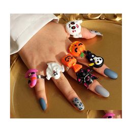 Cluster Rings Halloween Resin For Women Girls Colorf Pumpkin Ghost Bat Candy Opening Ring Costume Party Jewellery Drop Delivery Dhd6R