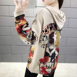 Women's Sweaters Knitted Hooded Sweater Women's Loose 2023 Autumn Dress Korean Coat Vintage Printing Outer Wear Top
