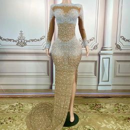 Stage Wear Women Sparkly Pearls Brown High Split Long Trail Dress Birthday Celebrate Wedding Party Gown Sexy Evening Host