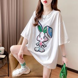 Women's T Shirts Large Size Women's Summer Heavy Industry Beaded Embroidery Short Sleeve T-shirt Mid Length Slimming Top