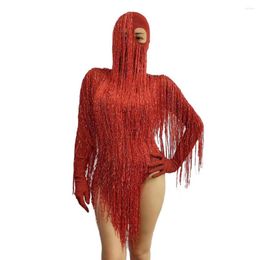 Stage Wear Personality Long Tassel Bodysuits With Headwear Women Sexy Stretch Fringes Dancer Leotard Halloween Party Cosplay Costumes