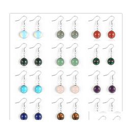 Charm Women Natural Stone Charms 12Mm Round Chakra Stones Turquoises Rose Quartz Dangled Earrings Tiger Eye Onyx Reiki Healing Yummy Dhyz9