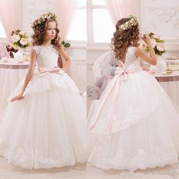 Girl Dresses White Lace Flower Girls For Weddings Tulle Belt Bow Knot Custom First Communion Dress Princess Christmas