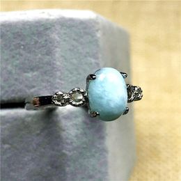 Cluster Rings Natural Blue Larimar Beads Ring For Woman Lady 7x5mm Love Silver Crystal Water Pattern Gemstone Adjustable Jewellery