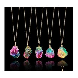 Pendant Necklaces 1Pc Rainbow Stone Necklace Fashion Crystal Chakra Rock Gold Color Chain Quartz For Women Giftspendant Drop Deliver Dhobu
