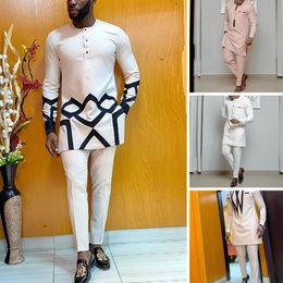 Mens Tracksuits Set Man 2 Pieces Wedding Prom Dashiki Men Outfit Dashiki Printed Long Sleeve Shirt White Trouser Suits For Men Set 2 Pieces 230114