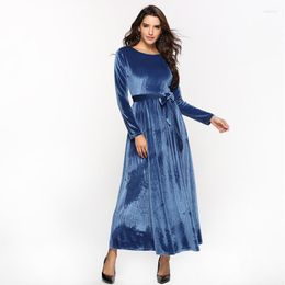 Ethnic Clothing Muslim Ladies Velvet Dress Islamic Winter Fashion Solid Long-sleeved Clothes One Piece Soft Warm Robe Prom Dresses Blue