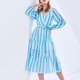Casual Dresses 2023 Summer Beach Dress Women V-neck Blue Stripe Long Elegant Ladies Plus Size XXXL