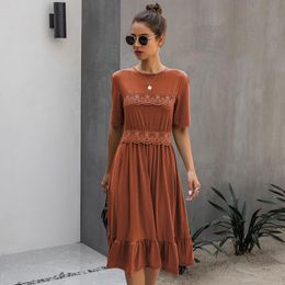 Casual Dresses 2023 Spring Summer Dress Women Lace O-neck Solid High Waist Knee-length