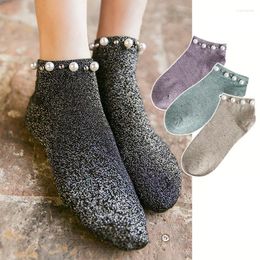 Women Socks Vintage Summer Woman Girl Lady Glitter Shiny Pearl Thin Bead Gauze Ankle Sox Breathable