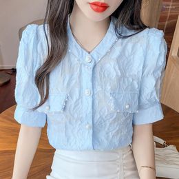 Women's Blouses Top Women 2023 Summer Stand-up Collar Lace Print Solid Colour Chiffon Shirt Blouse Puff Sleeve Beaded Button Cardigan