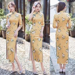 Ethnic Clothing Autumn Winter Novelty Suede Qipao Plus Size Women Print Chinese Cheongsam Dress S-4XL Sexy Slim Long Oriental Dresses