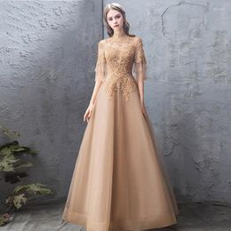 Ethnic Clothing Women Evening Dress Appliques Floor-Length Mesh Dresses Sexy Hight Neck Flare Sleeve Banquet Pleated Skirt Elegant Prom Gown