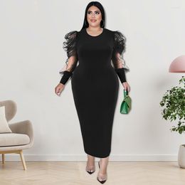 Plus Size Dresses 2023 Solid Colour Tight Long Dress Party Style Round Neck Mesh Panel Bubble Sleeve Elegant Women's