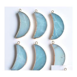 Pendant Necklaces Wholesale 6Pcs/Lot Fashion Good Quality Natural Amazonite Stone Moon Shape Gold Side Pendants For Jewelry Making D Otyev