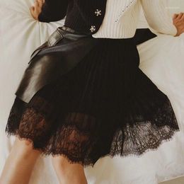 Skirts Women Early Spring Simple Fashion Black Artificial Leather Lace Patchwork Wrapped Short Mini Skirt