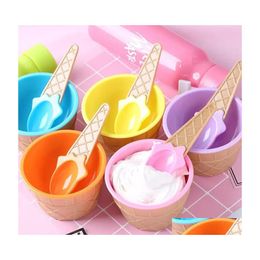 Ice Cream Tools Cute Plastic Ices Bowl With Spoon Ecofriendly Dessert Colorf Tart Bowls Container Set Cup Children Tableware Invento Dhfo2