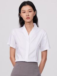 Women's Blouses Ladies Office Summer Short Sleeve V-Neck Dress Shirts Without Pocket Hidden Buttons Placket Slim-fit Female White Shirt