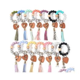 Party Favor Sile Heart Wood Bead Primary Color Disk Bracelet Keychain Leopdard Tassel Wrist Key Ring Pendant Accessory Drop Delivery Dhtoh