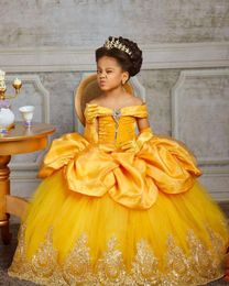 Girl Dresses Yellow Lace Crystals Flower Bateau Ball Gown Little Wedding Party Communion Pageant