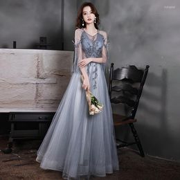 Ethnic Clothing Ladies Elegant Off Shoulder Banquet Gown Exquisite Appliques Long Mesh A-Line Dress Tassel Trim Slim Evening Party Dresses